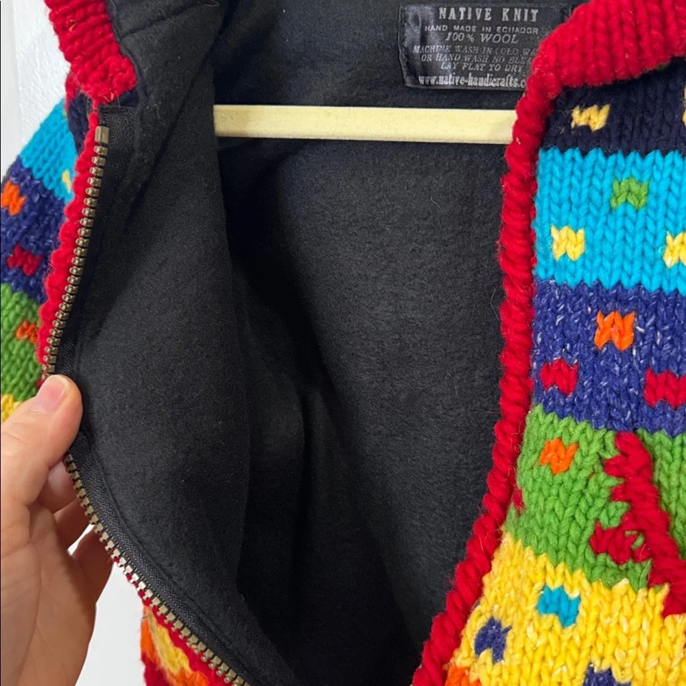 NATIVE KNIT 100% WOOL RAINBOW HOODED FLEECE CARDIGAN 2T-3T - Picture 4 of 8